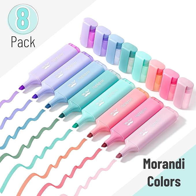Mr. Pen- Highlighters, 8 Pack, Morandi Colors, Highlighters with Firm Chisel Tip, Quick Dry & Non-Toxic, No Bleed on Standard Paper, Ideal for Highlighting, Underlining, Journaling & Coloring