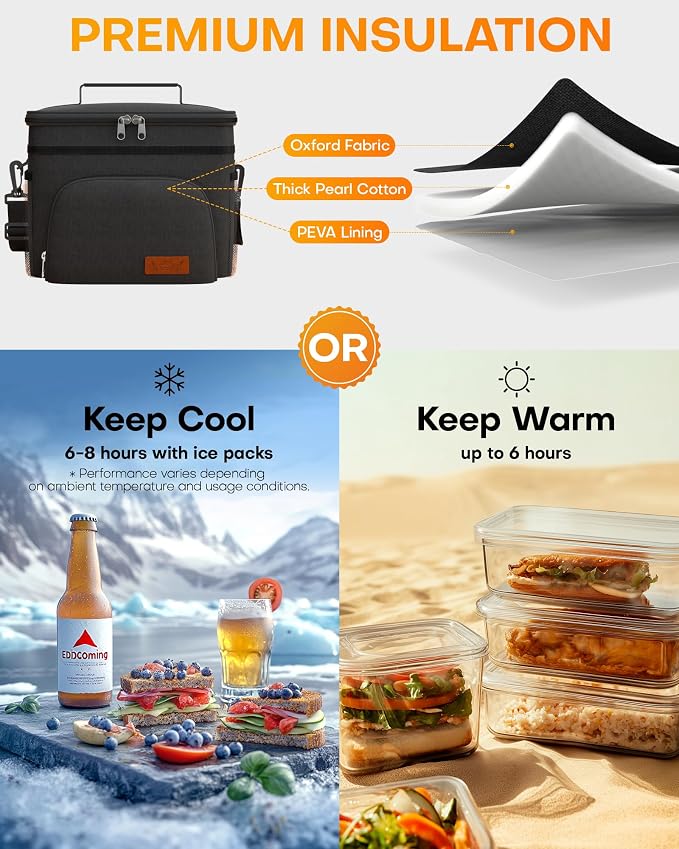 HOTOR Insulated Lunch Box Men Women Leak-Proof Cooler Lunch Bag 15L | 4 Pockets, Adjustable Strap, Ideal for Work, Picnic, Travel, Camping, Gift, Black