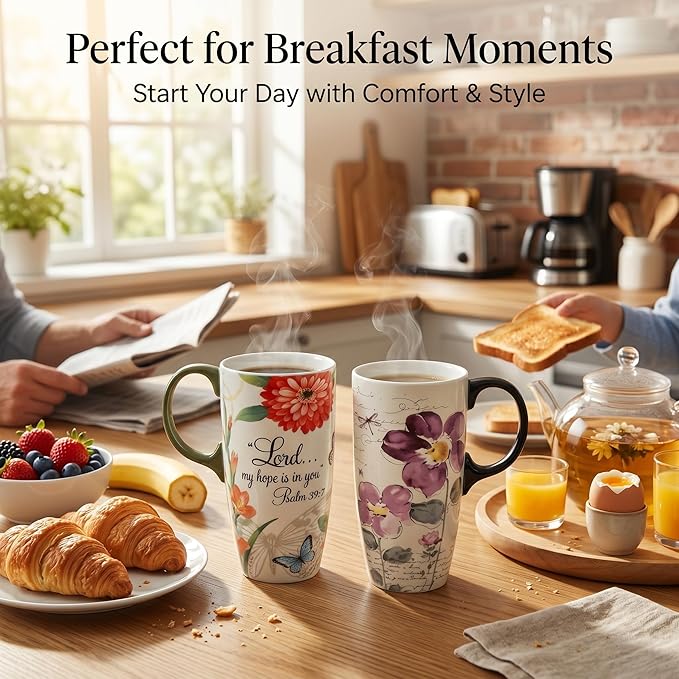 Topadorn 2-Pack 17oz Ceramic Travel Coffee Mugs with Lids, Floral Psalm Design, Microwave & Dishwasher Safe, Gift Set for Women and Men