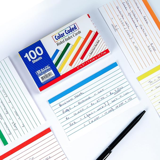BAZIC Products Ruled Color Coded Index Card 3" X 5", Ruled Lined Card for Learning Memory Reminder, 100 Count