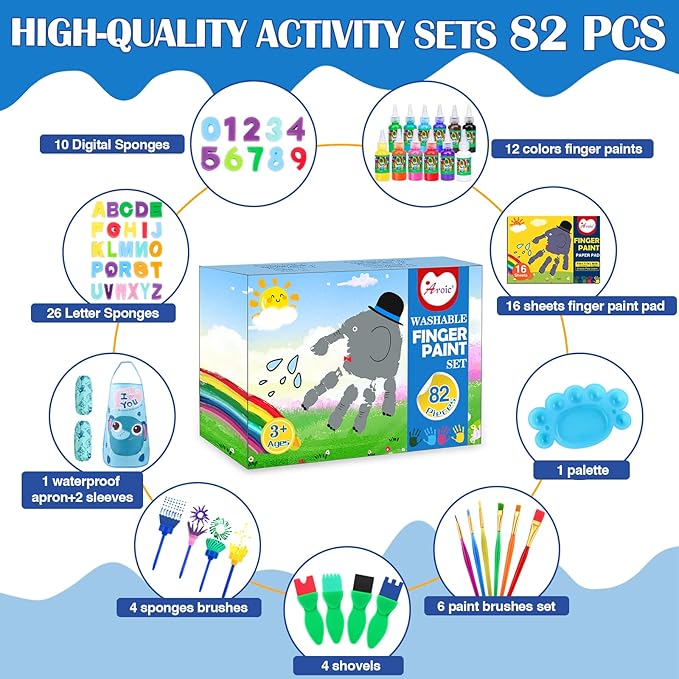 AROIC 82 Pack Washable Finger Paint Set, 12 Color Finger Paints 1 oz Each, Sponges, Painting Brushes, Waterproof Painting Apron, Palette Paper Drawing Gifts for Adults