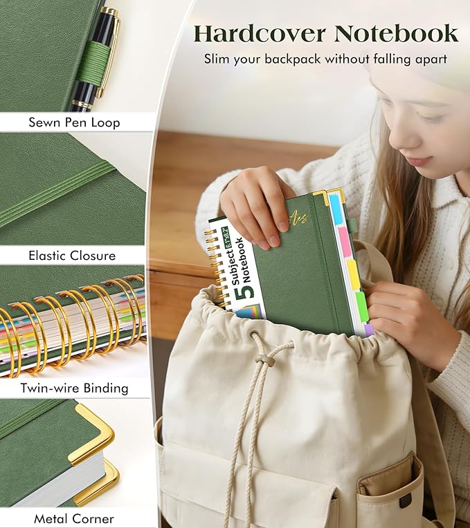 5 Subject Spiral Notebook Journal with Removable Dividers Tabs, 300 Pages Organizer Notebooks for Work School, A5 Hardcover Leather Notebook College Ruled, Lined Journal for Women Men，Sage