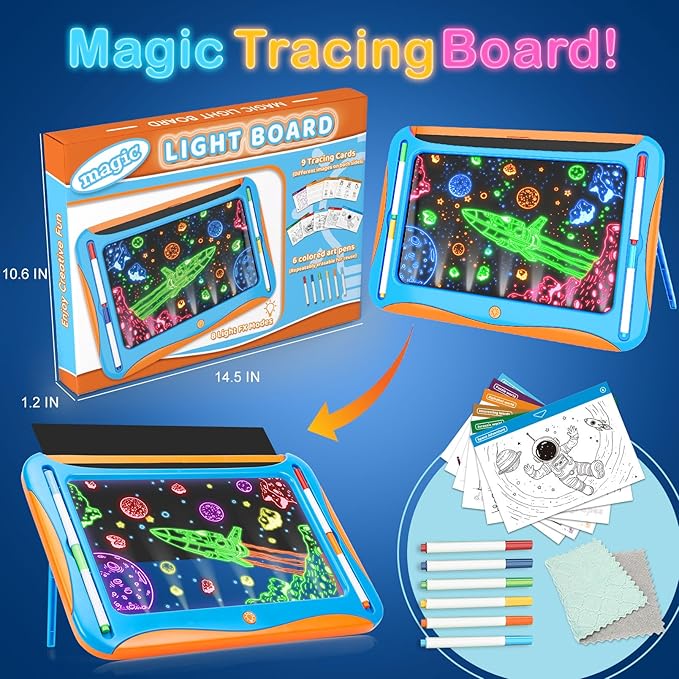 YUBALEER Magic LED Drawing Board for Kids, Toys for Boys Ages 5-7, Light Up Tracing Pad with 9 Double-Sided Cards, 6 Washable Pens, Glow Up Toys for Kids 4-6 Year Old Christmas Birthday Gifts