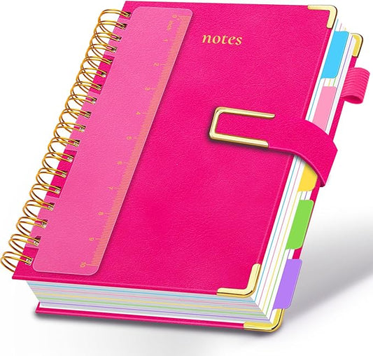 Hardcover Spiral Notebook College Ruled, 8.5"x11" Leather Journal Notebook with Magnetic Closure, 300 Pages 5 Subject Notebook with Dividers Tabs Journal for Women Men, Work, School(Rose Red)
