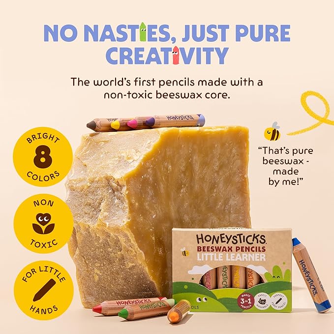 Honeysticks Little Learner Jumbo Colored Pencils (8 Pack) - My First Pencils with Non-Toxic Beeswax Core, Large Easy Grasp Pencil Size, Bright Colors, Toddler Coloring and Drawing, Ages 1-3, 2-4