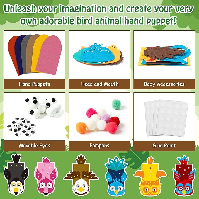 WATINC 6Pcs Hand Puppet Making Kit, Art Craft Felt Sock Puppet Toys, Creative DIY Make Your Own Pompoms Wiggle Googly Eyes Storytelling Role Play Party Supplies Gift for Girls Boys (Bird A)