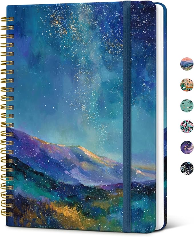 Taja Spiral Lined Journal for Women, Notebook for Work with Pretty Cover, 140 College Ruled Pages, Hardcover Notebook for Journaling, Note Taking, Bible Study, Starlit Peaks