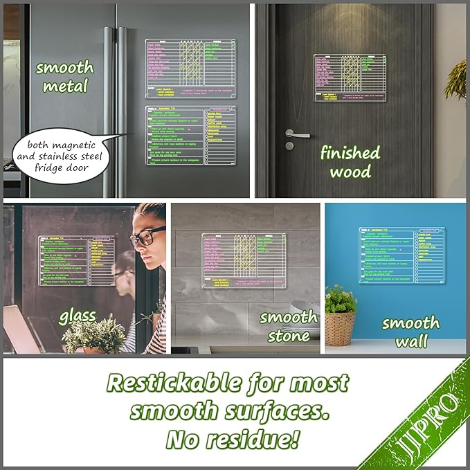 JJPRO Non-Magnetic Dry Erase Chore Chart for Fridge, 8.5"x13" Clear Reusable Chore Board for Kids and Weekly Planner, Dry Erase Weekly Meal for Refrigerator,Cabinet,Wall&Glass, All Smooth Surfaces