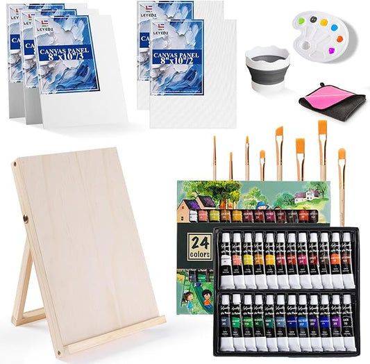 LEYEDZ Acrylic Paint Set for Kids & Adults, 41 PCS Paint Kit, Art Painting Supplies Kit with 24 Acrylic Paints, 8 Paint Brushes, 5 Canvas Panels