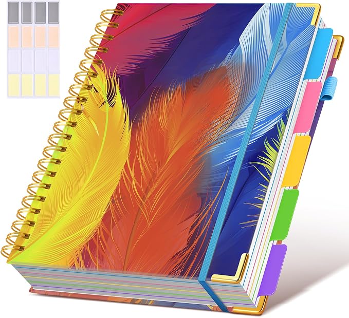 Spiral Notebooks 8.5"x11" for Work with Removable Dividers Tabs,300 Pages 5 Subject Notebook College Ruled,100GMS Notebook journal for School Note taking,Lined Journal for Women,A4 Colorful Feather