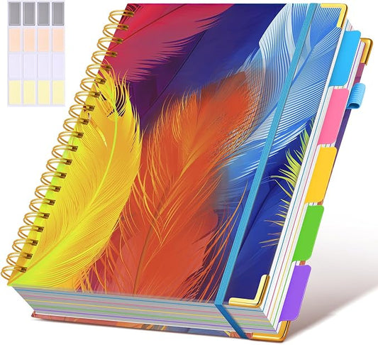 Spiral Notebooks 8.5"x11" for Work with Removable Dividers Tabs,300 Pages 5 Subject Notebook College Ruled,100GMS Notebook journal for School Note taking,Lined Journal for Women,A4 Colorful Feather