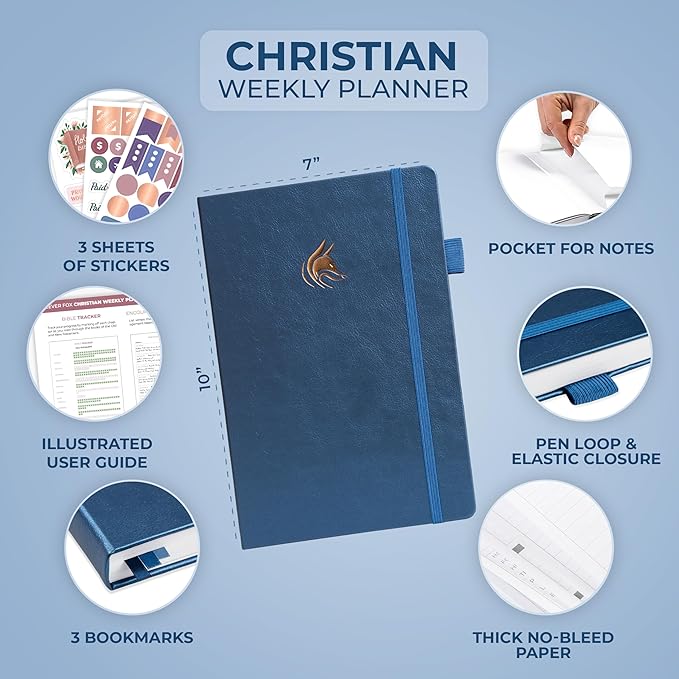 Clever Fox Christian Hourly Weekly Planner – Goal Setting Planner with Time Slots, Monthly Budget, Sermon Notes, Bible Reading Tracker (Mystic Blue)