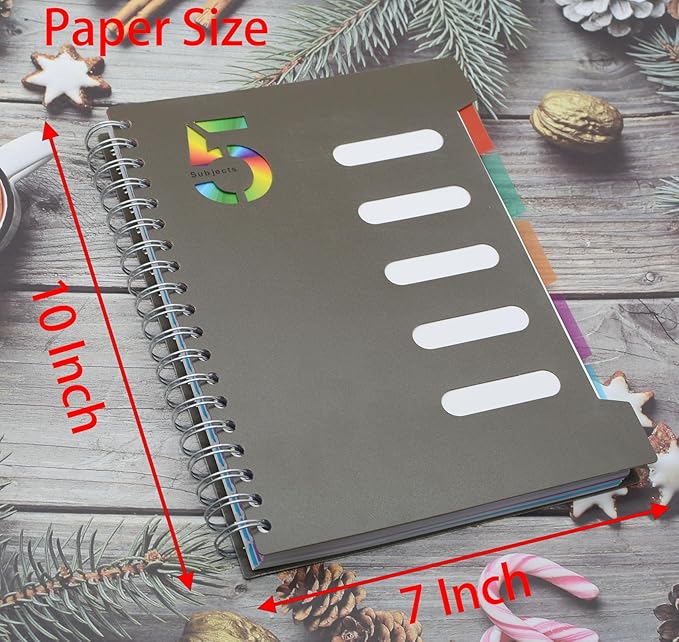5 Subject Notebook, 4 Pcs 10 Inch x 7 Inch B5 Black Spiral Notebook With Waterproof Plastic Softcover, 300 Pages 80 Gsm College Ruled Papers With 5 Sheets Colorful Movable Dividers (4 Pcs Black)
