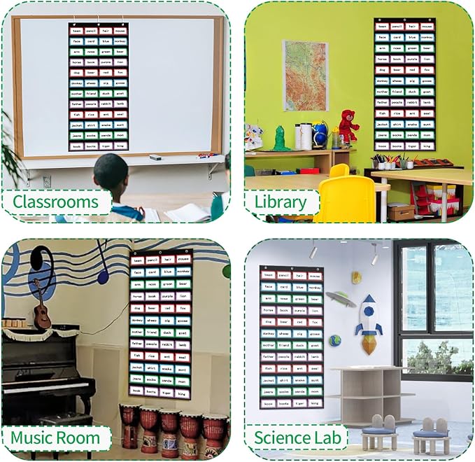 ANCOMEDO 20”W x 48.25”H Classroom Words Pocket Chart with 12 Clear Pockets, Black Standard Pocket Chart for Classroom and Home for Sentence Strips, Reusable Clear Pocket Hanging Words Chart (Black)