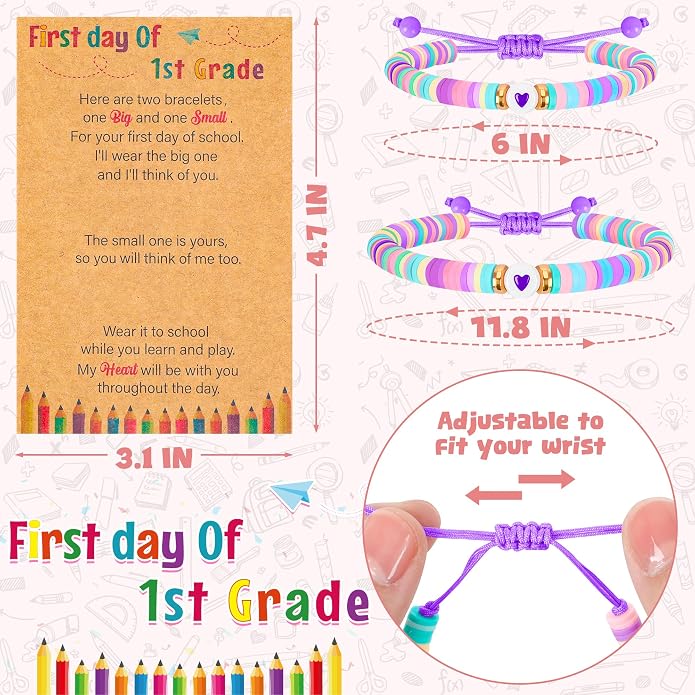 Back to School Supplies, First Day of Kindergarten Bracelet, Back to School Bracelet Mommy and Me, Prek Matching Wish Bracelets Set, Adjustable Bracelet for Boys Girls Gifts Stuff Bulk