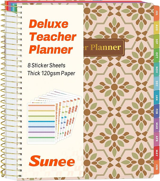 SUNEE Deluxe Teacher Planner 2026-2027, Lesson Planner Book with 7 Periods Jul 2026 - Jun 2027, 8.5" x 11" Weekly and Monthly Organizers with Colorful Tabs, Planning Stickers,120gms Paper,Retro Floral