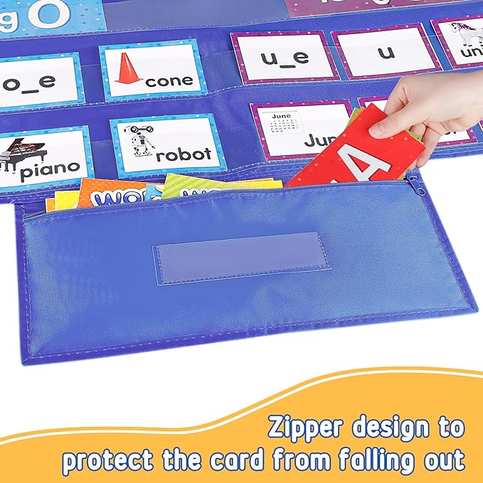 AKAYOK Standard Pocket Chart for Classroom, Clear 7 Pockets Words Chart with Extra Zip Pocket for School Home Office Fits Standard 3” Sentence Strips, Word Cards, Calendar, Visual Schedule (Blue)