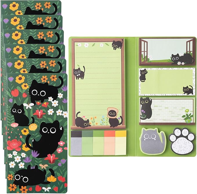 B1ykin Cat Floral Sticky Notes Set - Wildflower Lovely Black Shaped Self-Stick Notes Pad, 550 Sheets Writing Memo Pages Sticky Notepad for Teacher Appreciation Gifts, School Office Supplies (6Pcs)