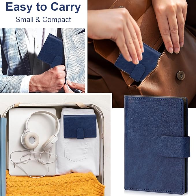Blue Index Card Holder PU Leather 3x5 Note Card Holder Wallet Portable Pocket Notepad with Pen Holder Magnetic Index Card Case with Card Solt 20 Pcs Ruled Note Cards For Record Meetings (No Pen)