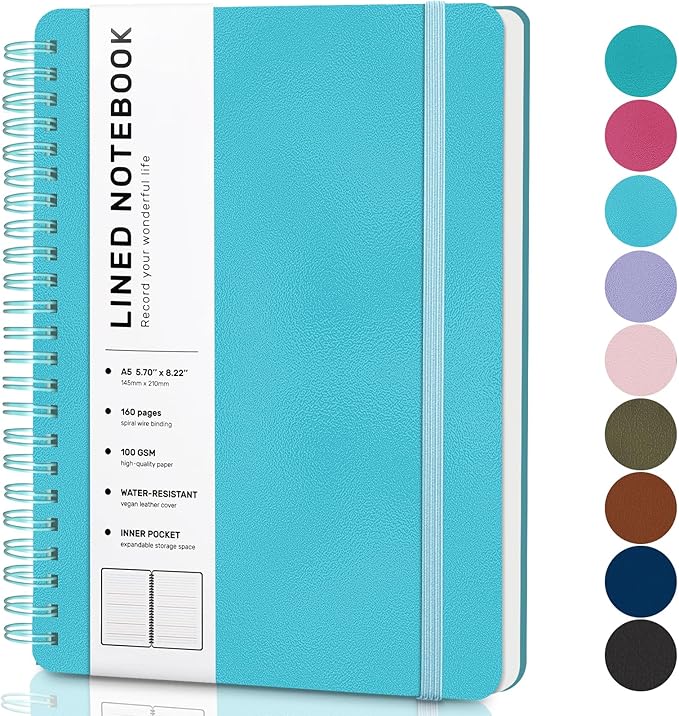 Lined Spiral Journal Notebook with 160 Pages, 8×5.7in, A5 Spiral Notebook, Journaling Notebooks for Work, School, Women, Men, College Ruled Spiral Notebook, Hardcover Leather Journals, Light Blue