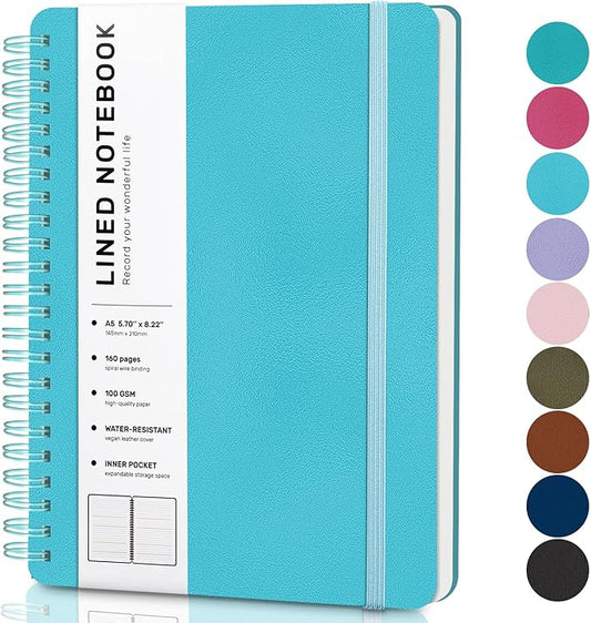 Lined Spiral Journal Notebook with 160 Pages, 8×5.7in, A5 Spiral Notebook, Journaling Notebooks for Work, School, Women, Men, College Ruled Spiral Notebook, Hardcover Leather Journals, Light Blue