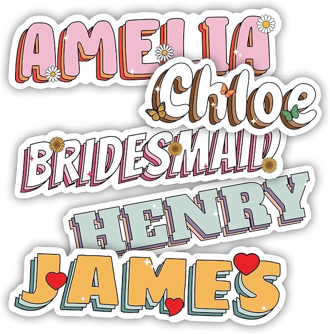 TAYTA (6pcs) Customized Name Stickers Sheet - Personalized Text, Waterproof | Custom Vinyl Name Label Decals, UV-Resistant, Suitable for Water Bottles, Cups, Tumblers, Helmets, Laptops, Cars, Doors - 5in