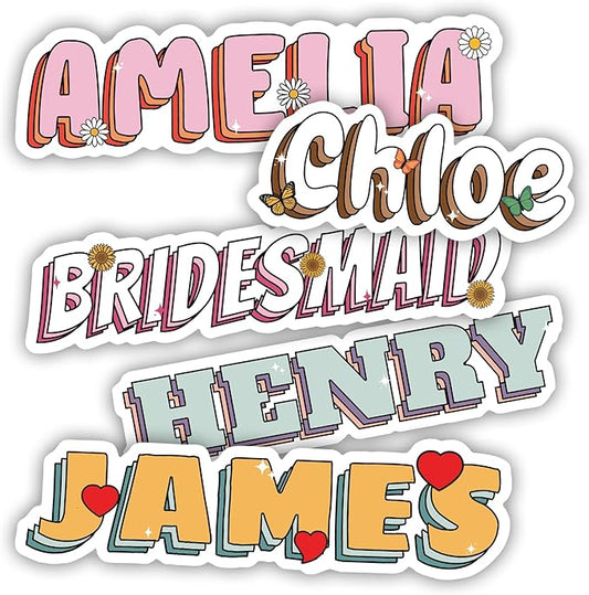 TAYTA (6pcs) Customized Name Stickers Sheet - Personalized Text, Waterproof | Custom Vinyl Name Label Decals, UV-Resistant, Suitable for Water Bottles, Cups, Tumblers, Helmets, Laptops, Cars, Doors - 5in
