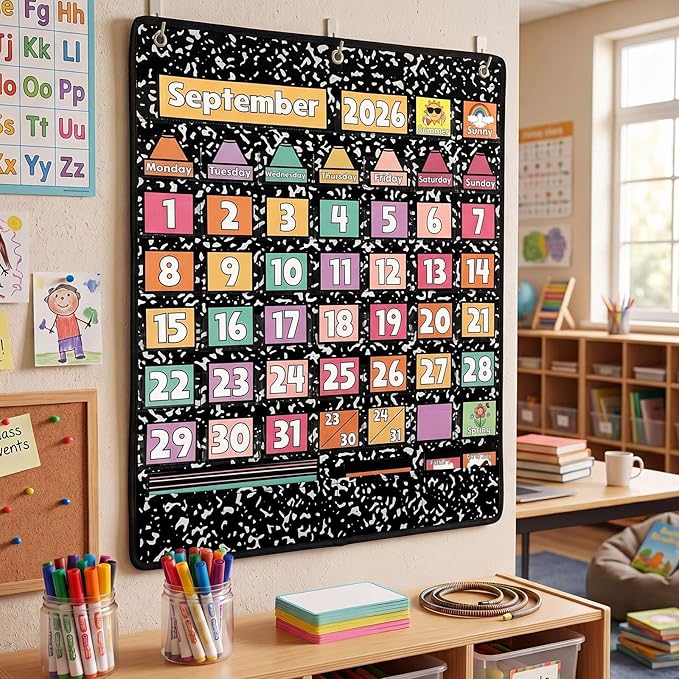 Gueevin Classroom Calendar Pocket Chart Set Composition Calendar Bulletin Board Set Seasons Festival Weather Bulletin Board Display with Cards Pocket Chart for Classroom Back to School Decoration