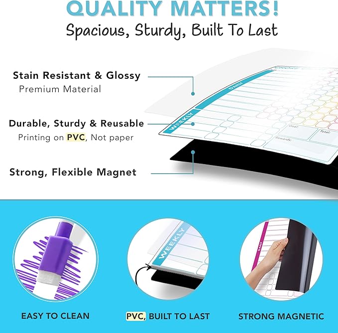 3 Pcs Responsibility Chore Chart Set for Multiple Users, Teens & Adults - Pocket Charts - Fridge Magnetic Whiteboard Set - 3 Individual Dry Erase Organization Charts (10"x10" Each) & 8 Markers