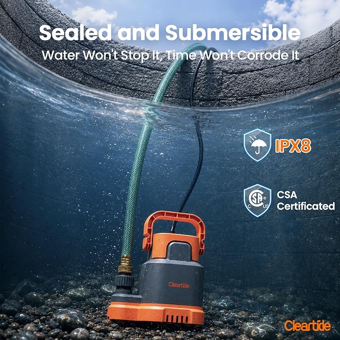 Submersible Utility Water Pump, 2760 GPH Portable Sump Pump with Copper Motor, Plug and Work for Pond, Garden Watering, Pool Transfer, Hot Tub Emptying