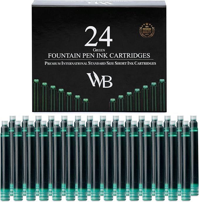 Wordsworth & Black 24 Pack Fountain Pen Ink Refills - Set of 24 Green Ink Cartridges - International Standard Size - Length APPR 2.3" - Base Diameter APPR 0.24" - Disposable and Generic