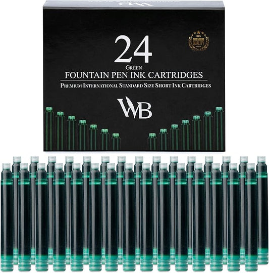 Wordsworth & Black 24 Pack Fountain Pen Ink Refills - Set of 24 Green Ink Cartridges - International Standard Size - Length APPR 2.3" - Base Diameter APPR 0.24" - Disposable and Generic