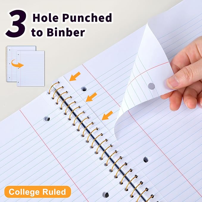 Spiral Notebook College Ruled Paper 8" x 10-1/2", 1 Subject Spiral Notebook 80GSM Paper, 3-Hole Punched Perforated Pages Ideal for School, Office, Writing, 75 Sheets Lined Journaling Notebook, Blue