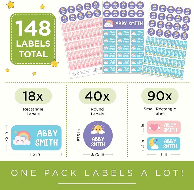 Personalized Daycare Name Labels for Kids, 148 Pack Waterproof Custom Name Stickers for Clothing Tags, Lunch Boxes and School Supplies, Made in USA by MSC - Daydream