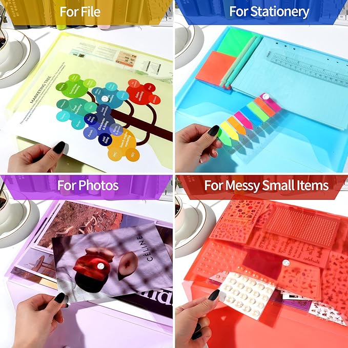 LEOBRO Plastic File Folders for Documents, 4 PCS File Folders, A4 Size Plastic Envelopes with Snap Closure, Clear Envelopes Pouches Folder Organizer Document Holder, Filing Envelopes