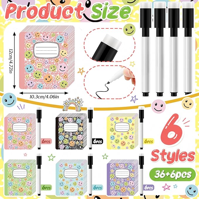 Crtiin Magnetic Name Tags for Lockers Composition Notebook Smile Face Dry Erase Labels Magnetic Reusable Name Tags for Back to School Whiteboard Classroom School Bus Locker Fridge