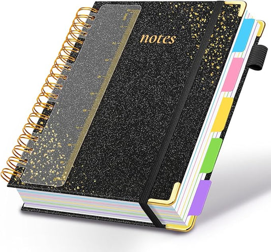 Hardcover Spiral Notebook with Removable Dividers & Tabs, 8.5"x11" 5 Subject Notebooks for Work, 300 Pages College Ruled Notebook, A4 Sparkle Lined Journal for Women Girls Note-Taking (Black)