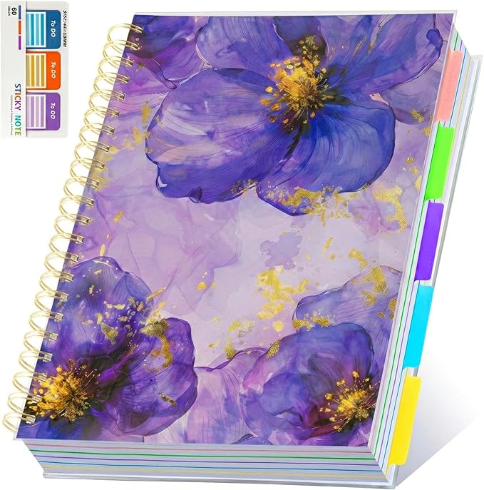 5 Subject Notebook for Work with Removable Dividers Tabs, Large 8.5" x 11 Spiral Lined Notebooks for School Note Taking & Organizer, A4 240 Pages College Ruled Journal for Women & Writing, Purple Floral