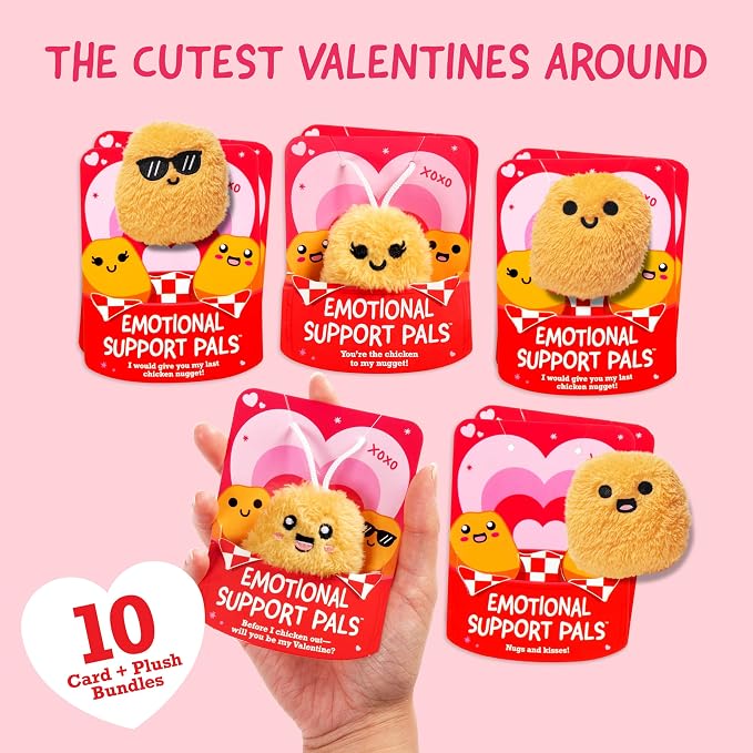 Emotional Support V-Day Nugget Cards by Relatable, Valentine's Plush, Perfect Valentines Gifts for Kids Classroom or Gift for Work Friends, Includes 10 Plushies with 10 Cards and a Carrying Case