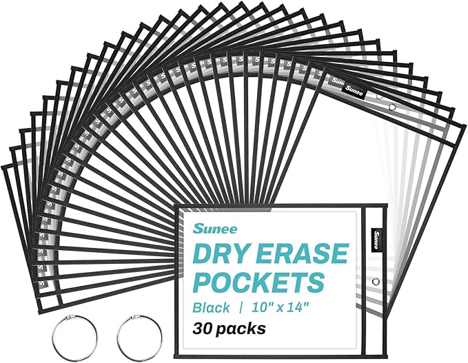 SUNEE 30 Packs Oversized Reusable Dry Erase Pocket Sleeves with 2 Rings, Black 10x14 Ticket Holders, Clear Plastic Sheet Protectors, Teacher School Classroom Supplies