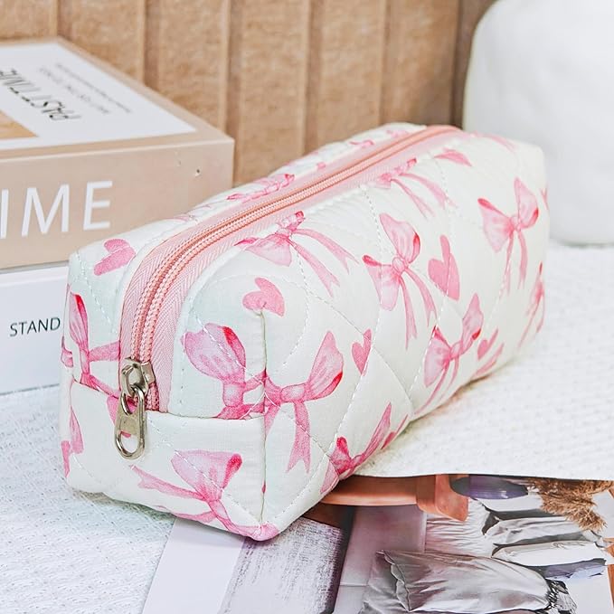 Pencil Pouch Cute Pencil Case Office Storage Bag Holder Box Organizer Aesthetic Bow Flower Pattern Makeup Pouch Cosmetic Bag for Women Girls