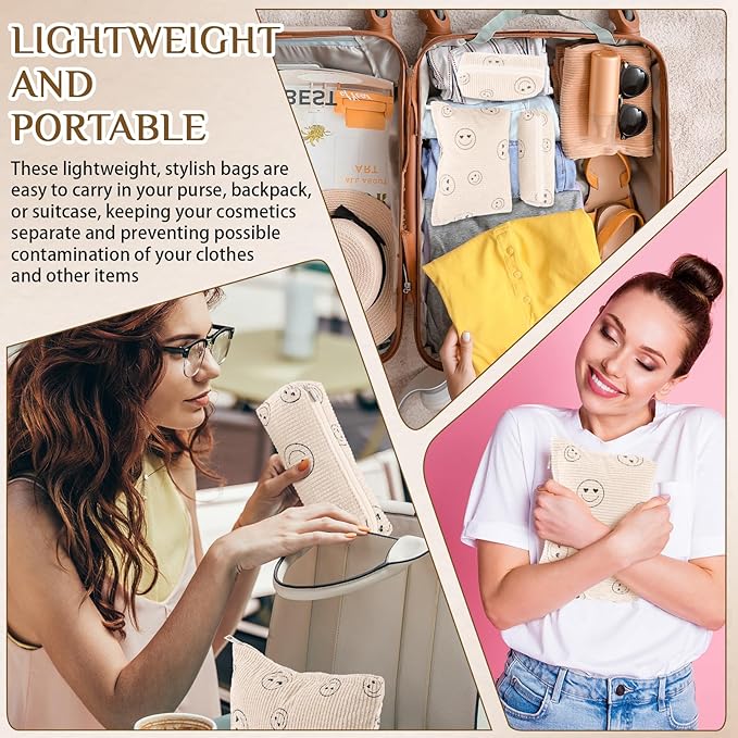 Huhumy 3 Pcs Makeup Bag Set for Women Corduroy Cosmetic Pouch Aesthetic Smile Travel Toiletry Bag Cute Purse Pouch Pencil Case Makeup Brushes Storage Organizer with Zipper(Beige,Smile Face)