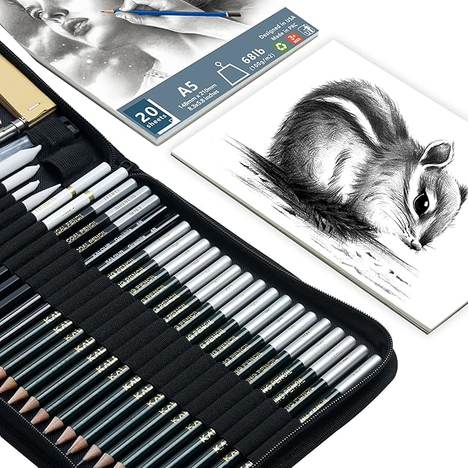KALOUR 54-Pack Sketch Drawing Pencils Kit with Sketchbook,Include Graphite,Charcoal Pencils and Artists Tools,Pro Art Drawing Supplies for Adults Beginners,ideal for Sketching Shading