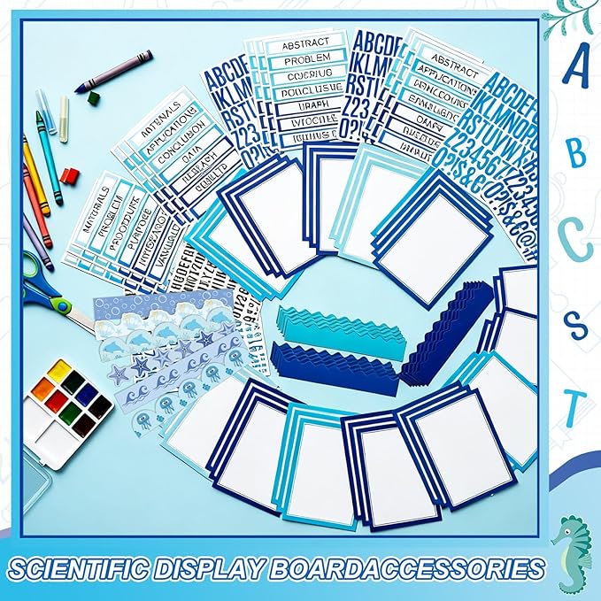 Sinload 92 Pcs Science Fair Board Supplies 60 Trim Scalloped Poster Boards 18 Presentation Subtitles 6 Project Titles 8 Letter Sticker for Classroom Display Boards (Blue,Ocean)