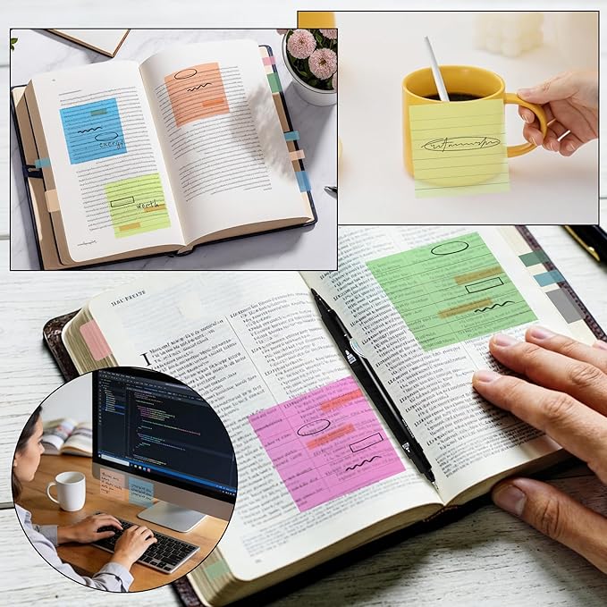 Vuzvuv 920 Sheets Transparent Line Clear Sticky Notes with Pen,3x3 Inch Bulk Translucent Sticky Notes Set for Bible Tabs, Book Tabs, Office School Supplies(Bright Line Colors)