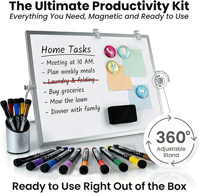 Magnetic Dry Erase Whiteboard 12 x 16 Double Sided, Portable Small White Board with Stand, to Do List Weekly Planner Board for Desk or Wall, Includes 8 Markers Eraser 4 Magnets