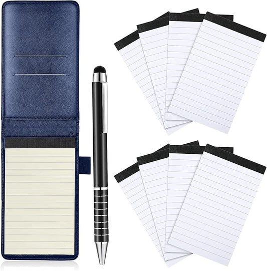 Outus 10 Pcs Mini Pocket Notepad Holder Set Included Small Leather Pocket Notebook Holder with 50 Lined Sheets, Metal Pen, 8 Pcs 3 x 5 Inch Memo Book Refills, 30 Lined Paper Per Note Pad (Blue)