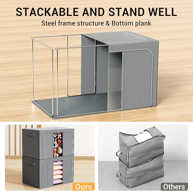 Clothes Storage Bins with Metal Frame, Foldable Clothes Organizers Storage Containers for Clothes, Sheets, Blankets, Pillows and Towels （66L, 3 Pack, Deep Grey
