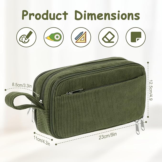 BuyCard Large Capacity Corduroy Pencil Case, Green Zipper Pouch, Aesthetic Pen Pouch, Supplies Organizer for Teen Girls Boys Women Men,Teacher Appreciation Gifts, Mothers Day Gift