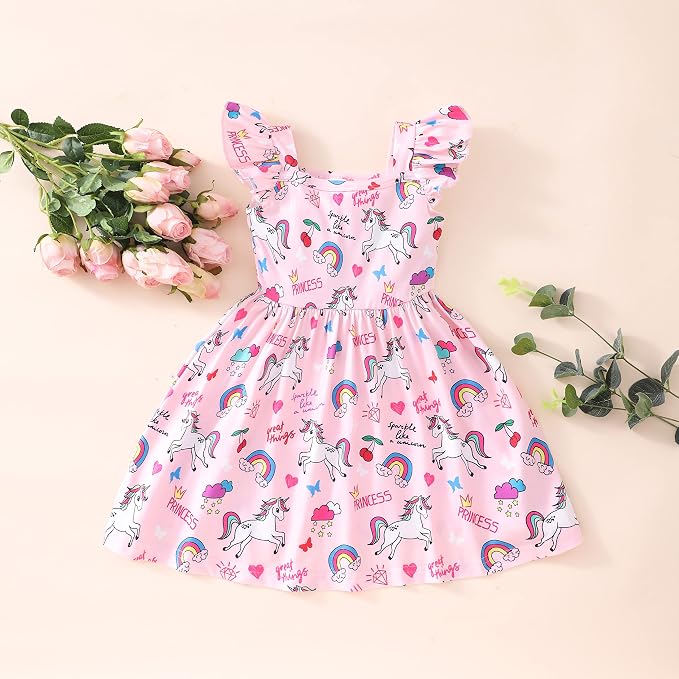 Popshion Girls Dresses Flutter Sleeve Swing Sundress Toddler Summer Clothes Kid Birthday Party Sleeveless Dress 1-8 Years Old